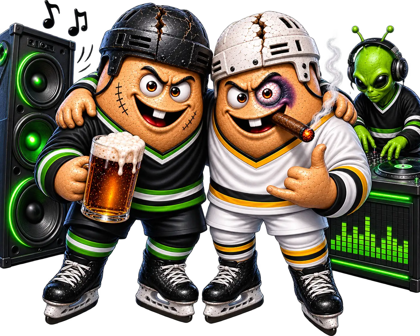 Two eggz celebrating next to an alien DJ at the decks and a wall of neon speakers