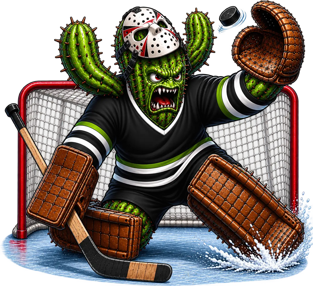 A cactus goalie wearing a hockey mask making an acrobatic glove save in front of a red goal frame