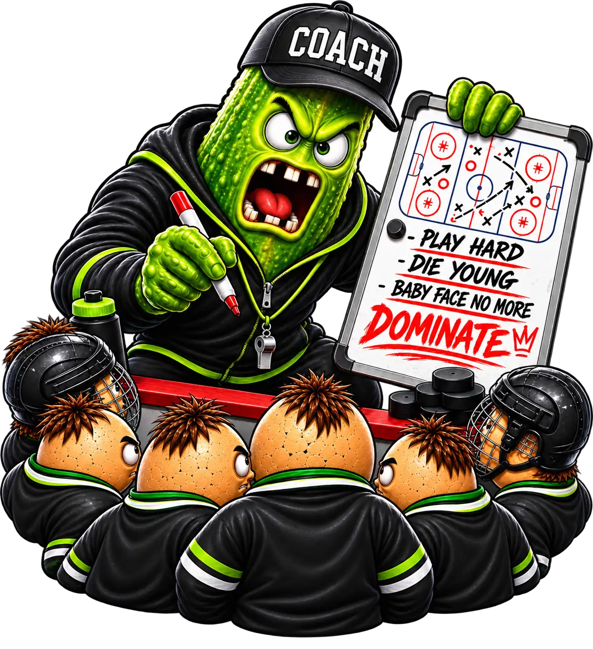 A furious pickle coach in a cap yelling tactics from a whiteboard reading: play hard, die young, baby face no more, dominate