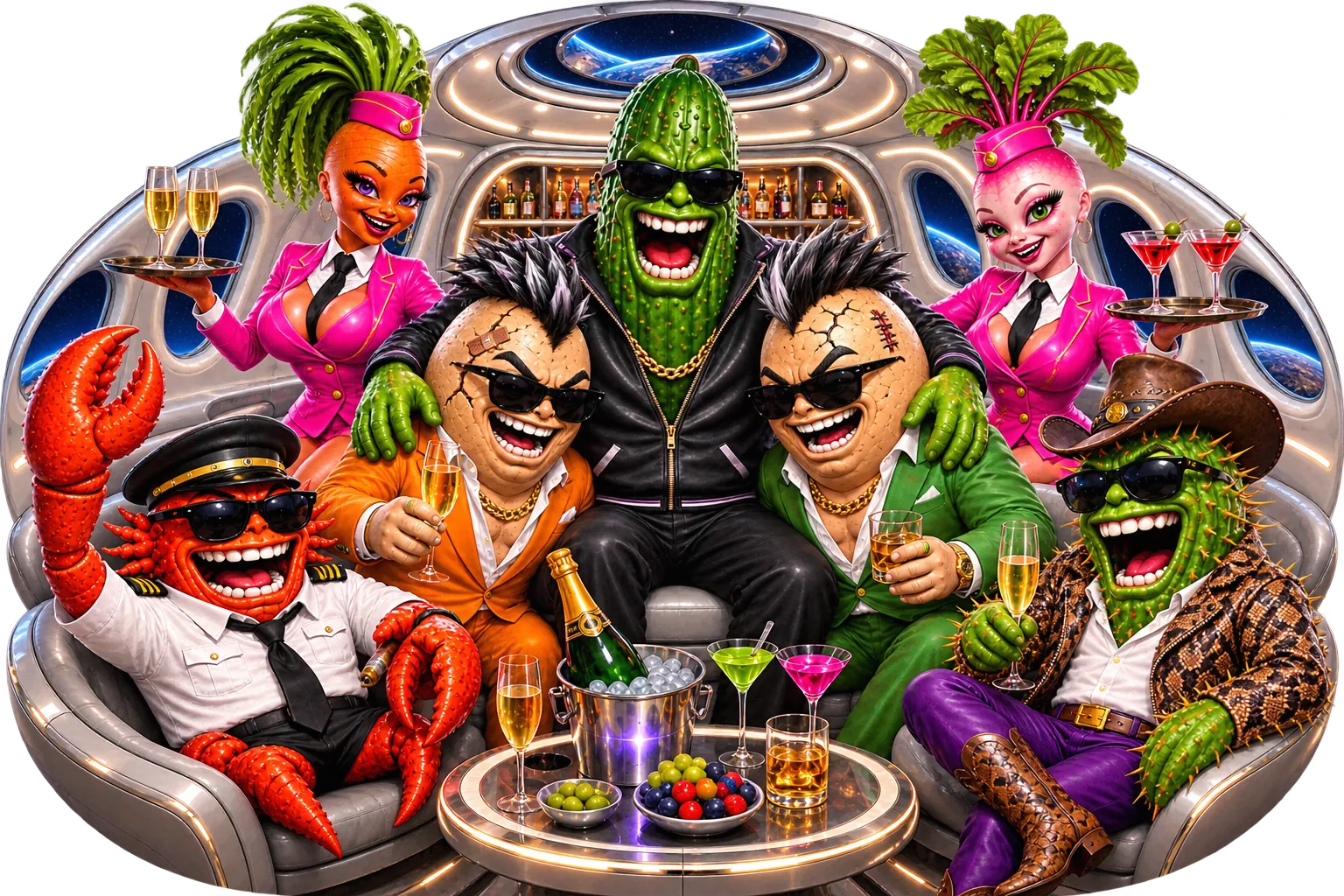 The full SPACEGGZ crew celebrating in the spaceship lounge — the pickle mascot in sunglasses and a gold chain on the couch with two grinning eggz, a lobster pilot captain, a cactus cowboy, and carrot and radish flight attendants in pink uniforms serving champagne