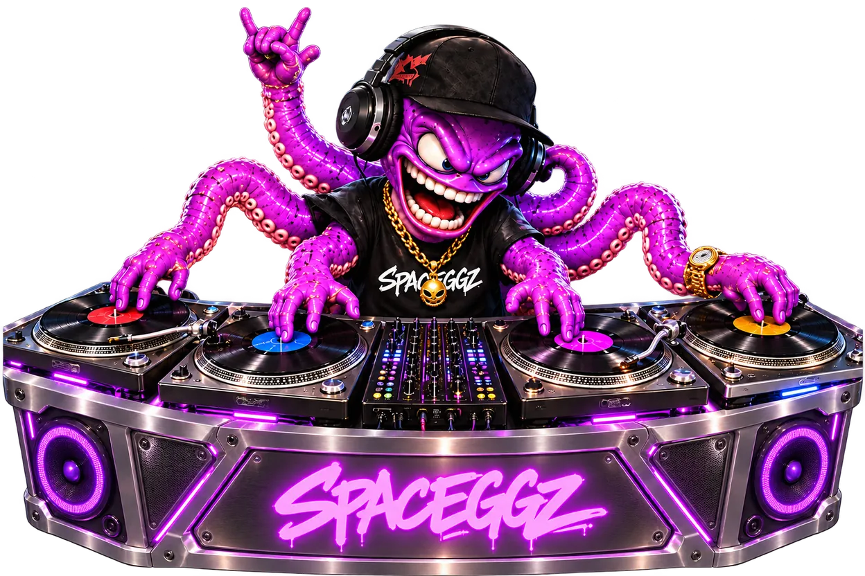 A grinning purple octopus DJ in a SPACEGGZ t-shirt, cap and headphones mixing across four turntables at once with a neon SPACEGGZ sign glowing on the booth