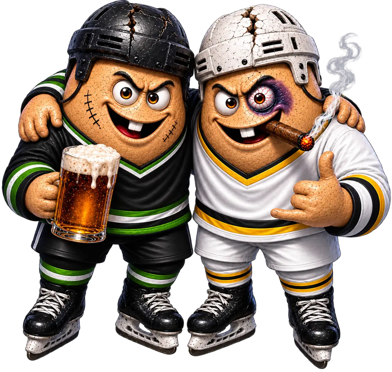 Two battered but grinning eggz, one in black and green with an apple juice, one in white and gold with a cigar and a black eye