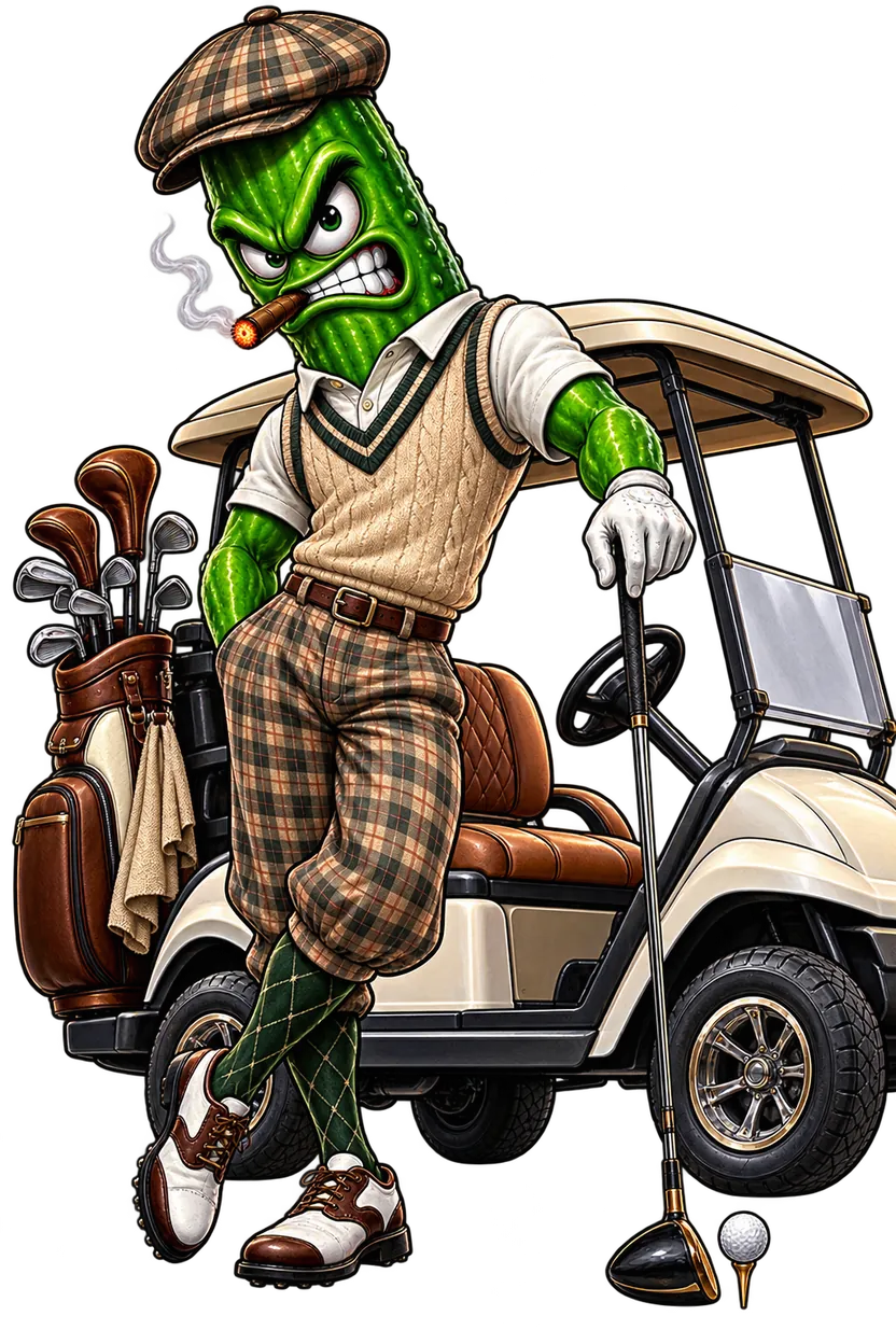 A vintage pickle golfer in a flat cap and plus-four plaid trousers chomping a cigar while leaning on a club next to a golf cart with a leather bag