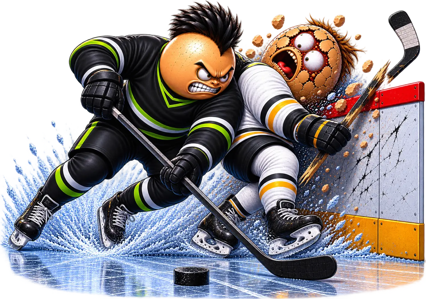 An egg character in a black and green jersey slamming a rival into the boards while the rival loses a few of his cookies