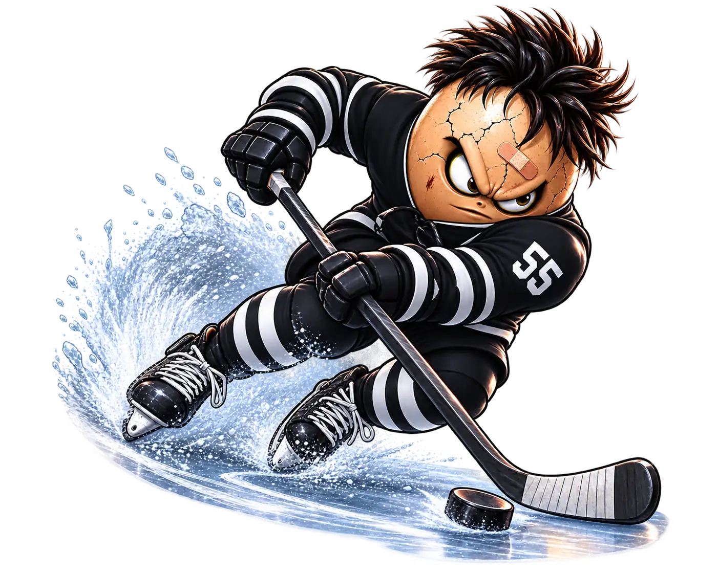 A focused egg character with a bandaid, drilling with the puck on ice