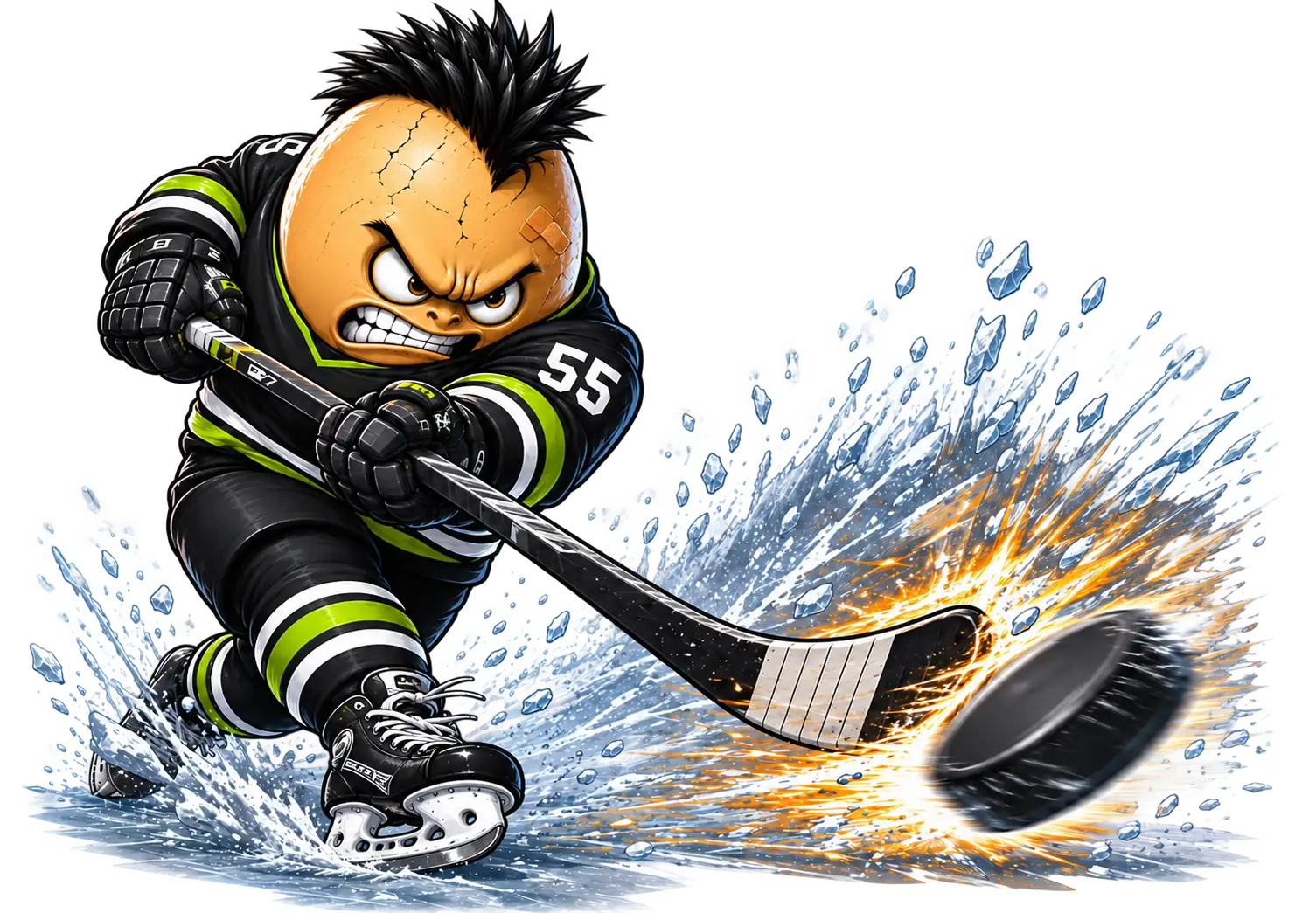 An egg character detonating a shot so hard the puck explodes in sparks and ice