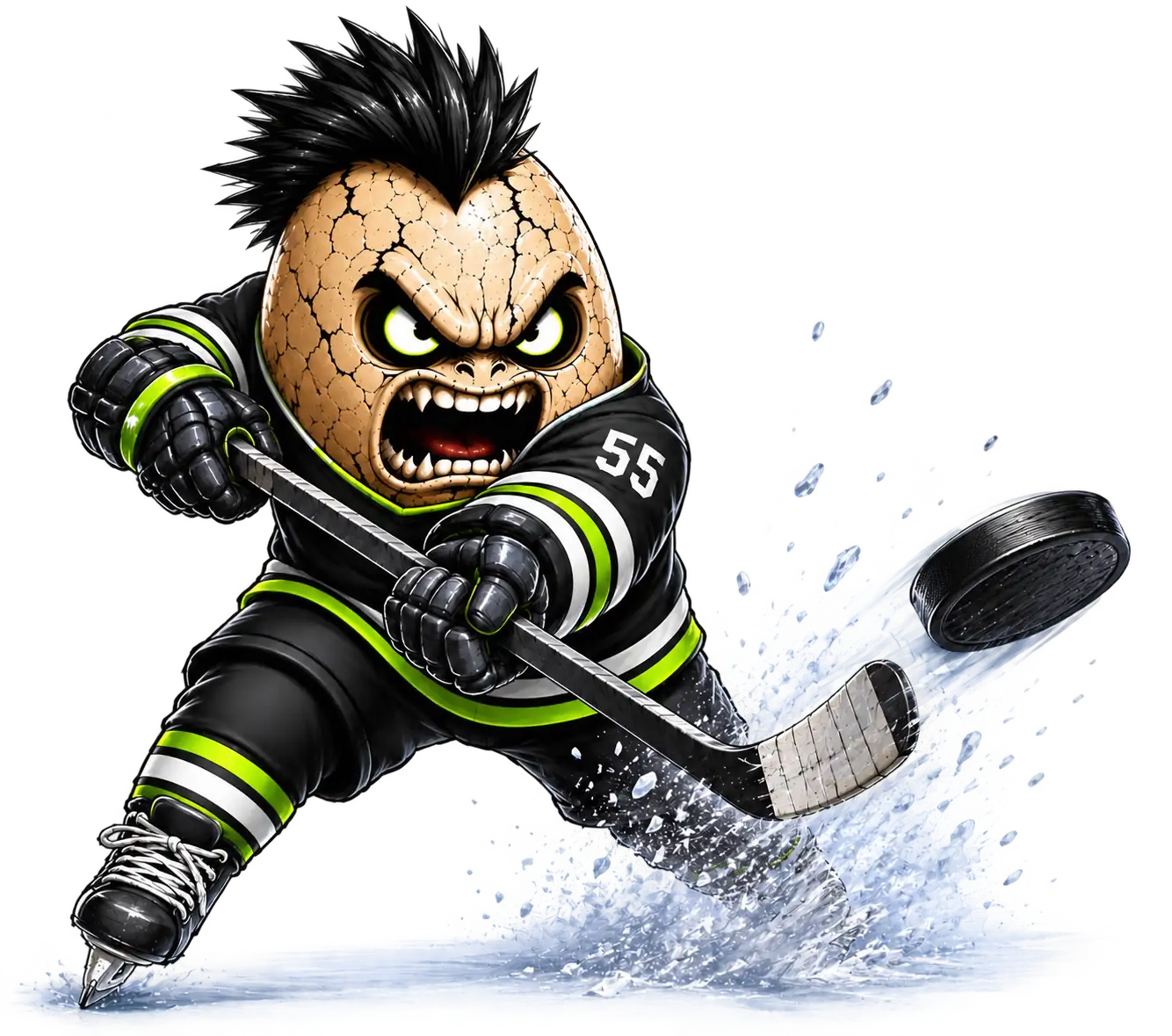 A furious egg character in a black and neon jersey unleashing a slapshot through a cloud of ice