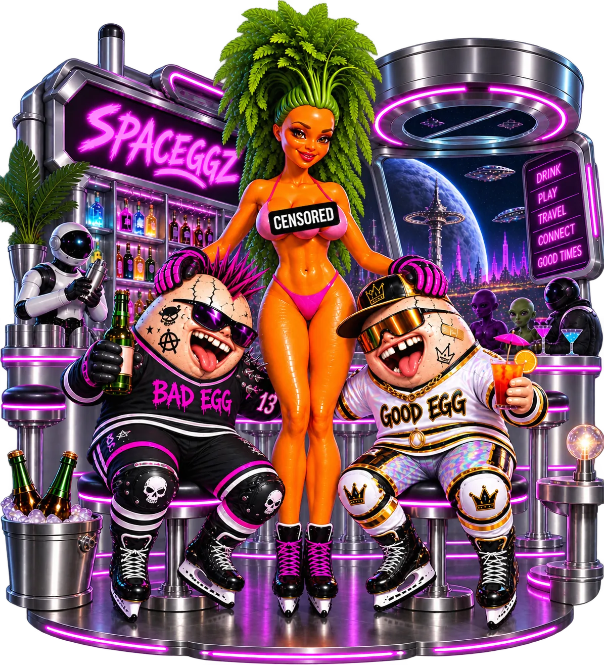 Bad Egg and Good Egg, the house eggz, on bar stools at the neon SPACEGGZ lounge — Bad Egg in a punk black-and-pink kit raising a beer, Good Egg in a white-and-gold jersey with a crown cap and a cocktail — flanking their palm-tree waitress in pink while a robot bartender shakes drinks under the DRINK · PLAY · TRAVEL · CONNECT · GOOD TIMES board