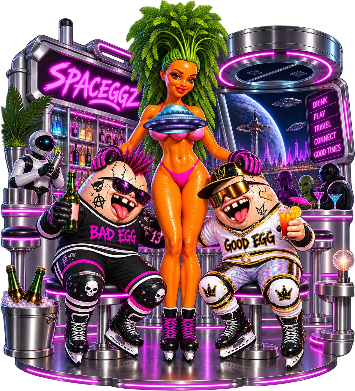 Bad Egg and Good Egg, the house eggz, on bar stools at the neon SPACEGGZ lounge — Bad Egg in a punk black-and-pink kit raising a beer, Good Egg in a white-and-gold jersey with a crown cap and a cocktail — flanking their palm-tree waitress in pink while a robot bartender shakes drinks under the DRINK · PLAY · TRAVEL · CONNECT · GOOD TIMES board