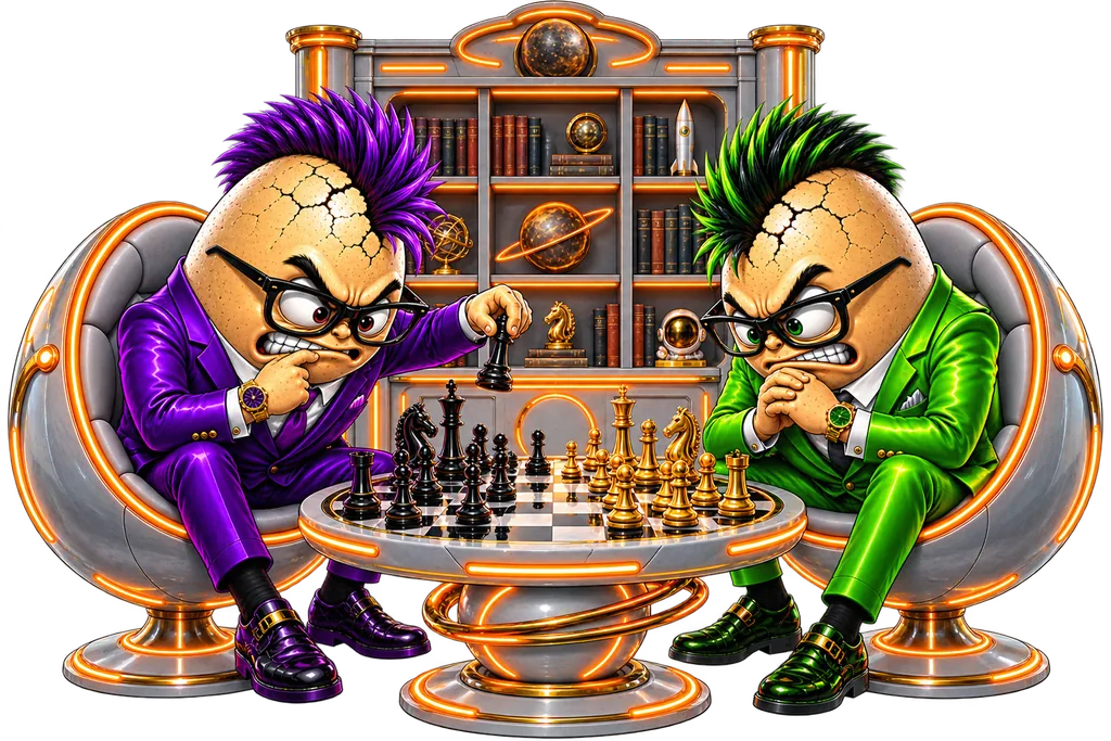 Two egg grandmasters in purple and green suits glaring at each other over a chessboard in a neon library