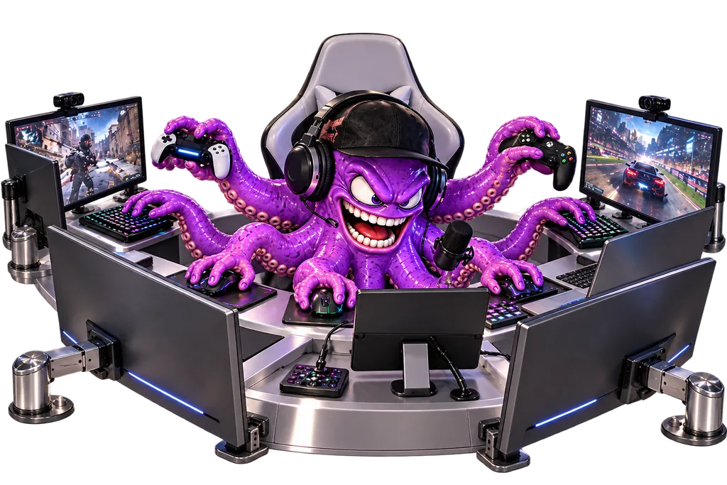 A purple octopus gamer playing eight games at once on a battle station of monitors and controllers