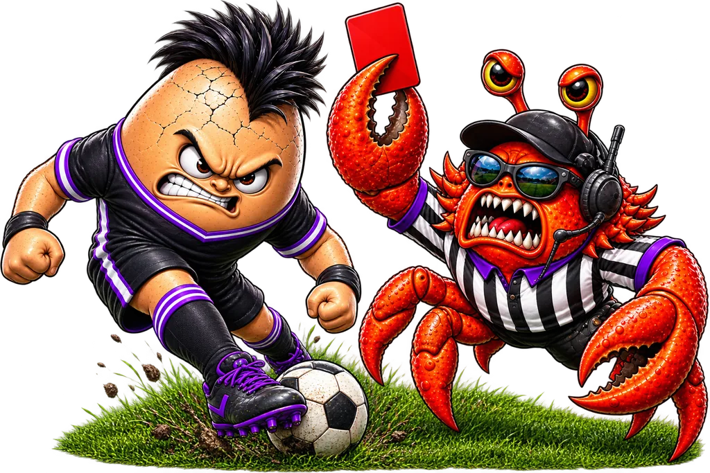 A furious egg striker dribbling a football past a screaming crab referee brandishing a red card