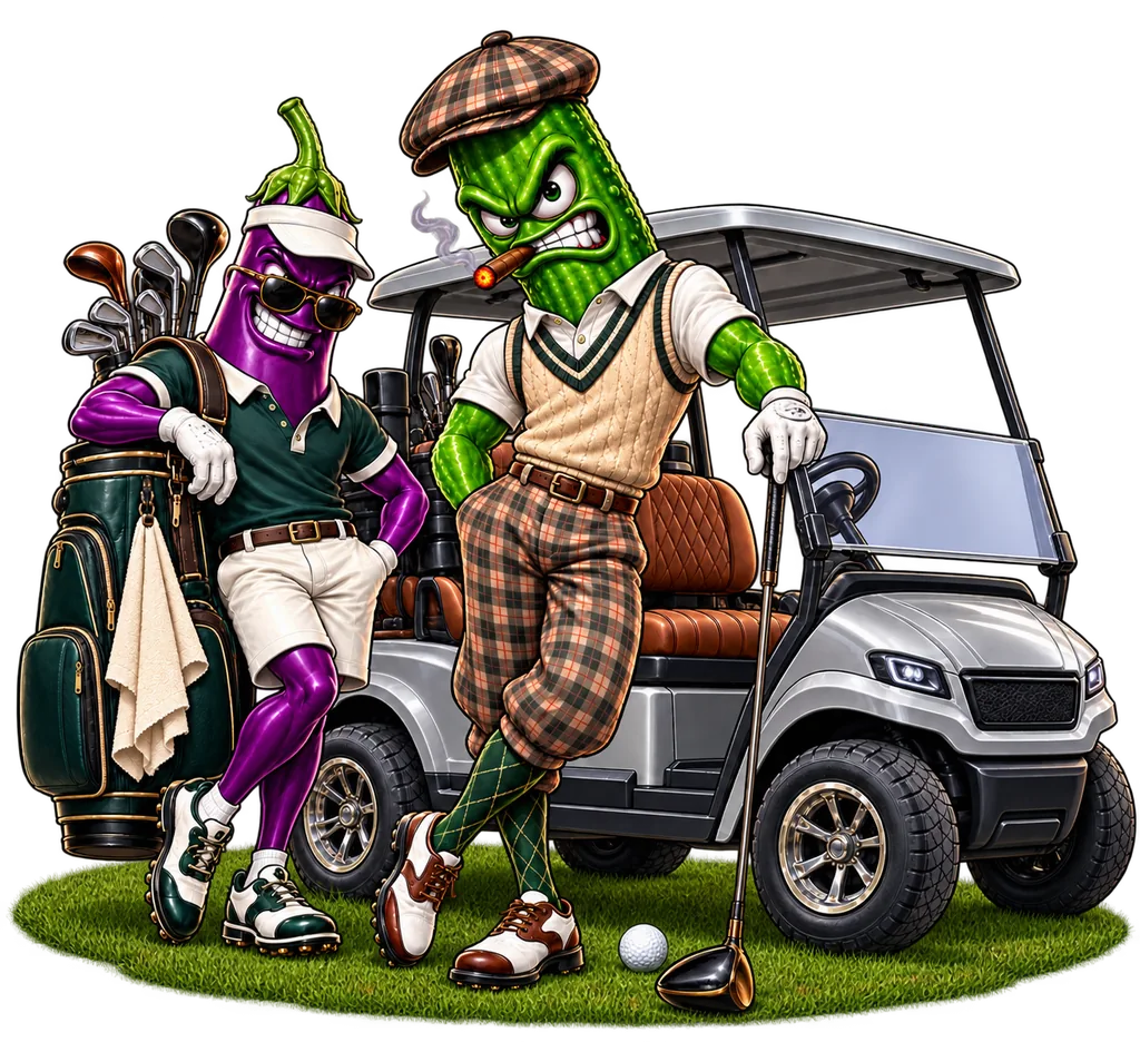 A grumpy pickle golfer with a cigar leaning on his putter beside an egg caddie and a golf cart