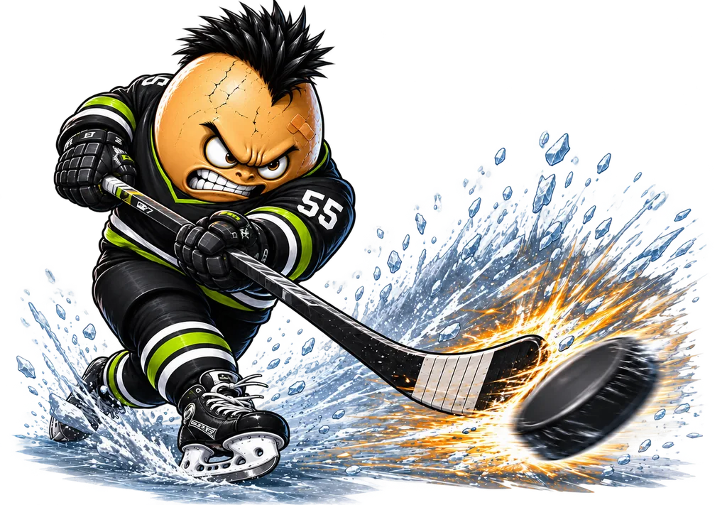 An egg hockey player in jersey 55 unleashing a slapshot so hard the puck ignites in sparks and ice spray