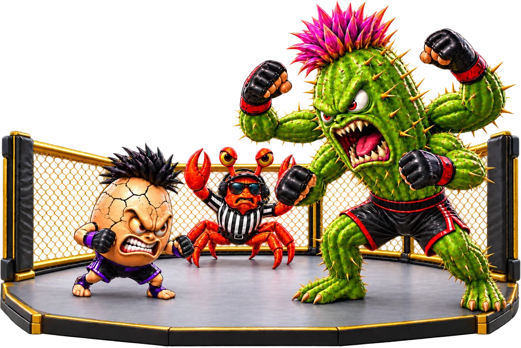 An egg fighter and a spiky cactus brawler squaring up in the cage while a crab referee ducks for cover
