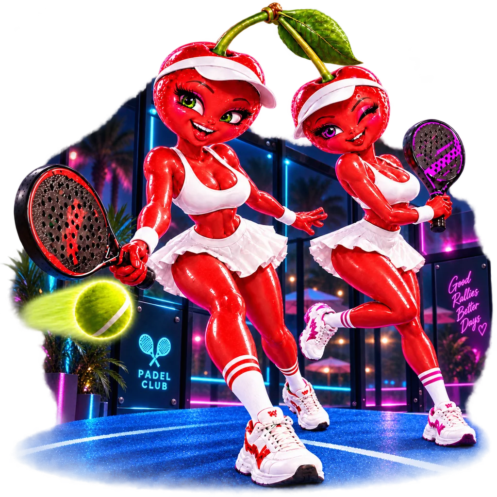 Two cherry-shaped padel players posing with rackets on a neon-lit glass court at night