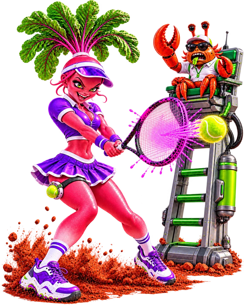 A magenta tennis player smashing a forehand while a lobster umpire yells from the chair
