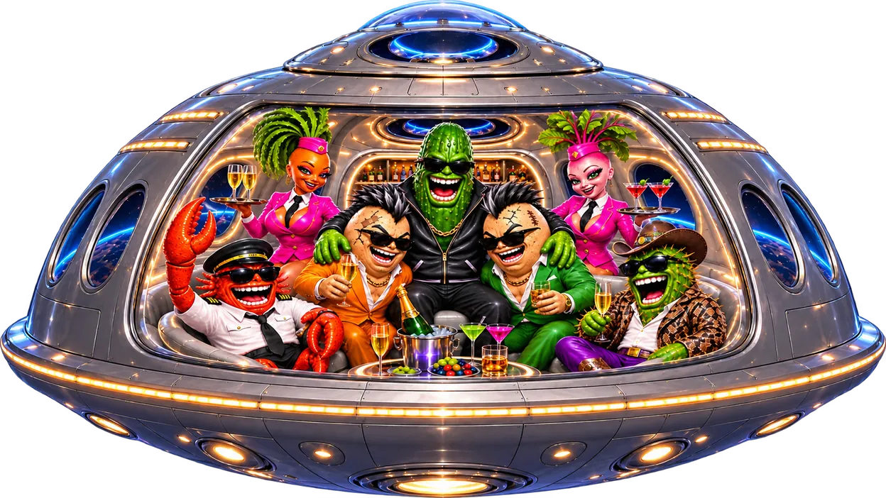 The whole SPACEGGZ crew partying inside a flying saucer cutaway — the pickle boss on the couch flanked by two eggz, a lobster captain, a cactus cowboy and two pink-uniformed flight attendants while champagne flies